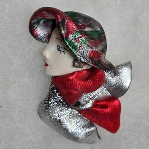 Vintage Art Deco Style Lady Portrait Brooch Red Silver Scarf Hat Delicate